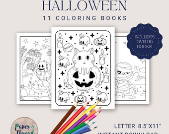May include: Printable Halloween coloring books with illustrations of Halloween characters, including a cat in a pumpkin, a mummy, and a scarecrow. The image includes colored pencils and text that reads "Letter 8.5"x11" Instant Download."