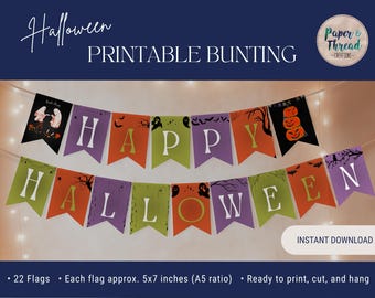 May include: A printable Halloween bunting banner with the words "HAPPY HALLOWEEN" in white letters on orange, green, and purple flags. The banner includes Halloween-themed illustrations. The text "Halloween Printable Bunting" is at the top.