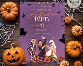 May include: A Halloween party invitation with a purple background and orange text that reads "Halloween Party". The invitation features illustrations of dancing figures in costumes, pumpkins, and spiderwebs. The date is October 31st.