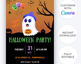 May include: Halloween party invitation with a cute ghost holding a pumpkin. The invitation is black with orange and green accents. It says "Halloween Party!" with the date and time. The text "Trick or Treat" is at the top of the invitation.