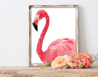 May include: A pink geometric flamingo illustration in a white frame. The flamingo is facing left and has a long neck and a long, thin beak.