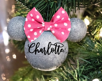 Personalized Silver Minnie Mouse/ Mickey Mouse Disney Christmas Ornament