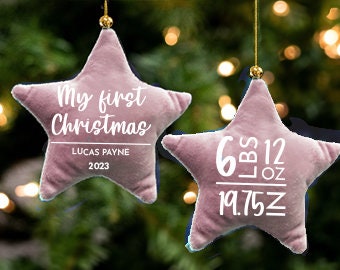 Personalized baby’s first Christmas and birth stat star ornament