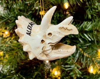 May include: White ceramic ornament shaped like a dinosaur skull with the name "ALEXA" written on the side. The ornament is hanging from a gold string on a Christmas tree.