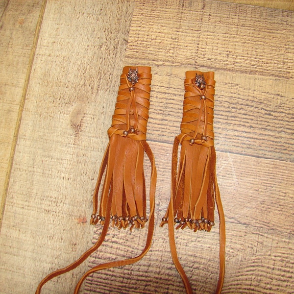 Native American Style Fringed Deerskin Leather Hair Wraps, Wolf Buckskin Leather Hair Ties, Dance Regalia, Braid Wrap, 6"