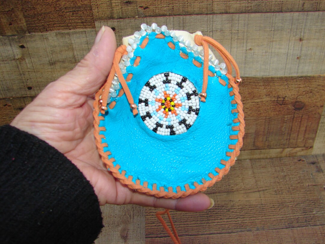 Beaded Deerskin Leather Medicine Pouch, Amulet Necklace Bag, Native
