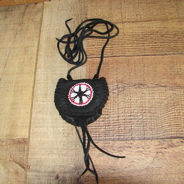 Native American Style Beaded Deerskin Leather Medicine Bag, Turtle Necklace Pouch, Talisman Pouch, Dance Regalia