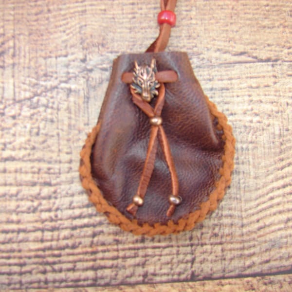 Deerskin Leather Medicine Bag, Native American Wolf Head Buckskin Necklace Pouch, Tribal Drawstring Bag, Talisman Pouch, 3 " X 2 1/4"