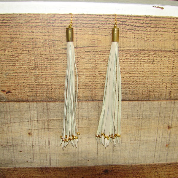 Leather Fringed Drop Earrings, Dangle earrings, Boho Jewelry, Long Leather Earrings, Bullet Casing Jewelry, 7"