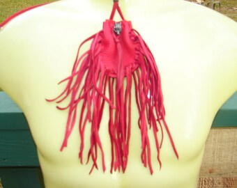 Deerskin Leather Fringed Medicine Bag, Wolf Drawstring Necklace Pouch, Buckskin Dance Regalia, Shaman Pouch, 3"