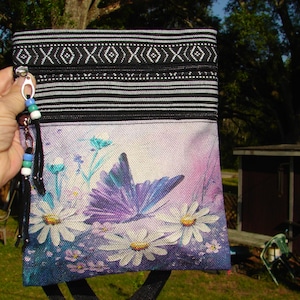 Butterfly Print Crossbody Bag: Tweed Polyester, Adjustable Strap