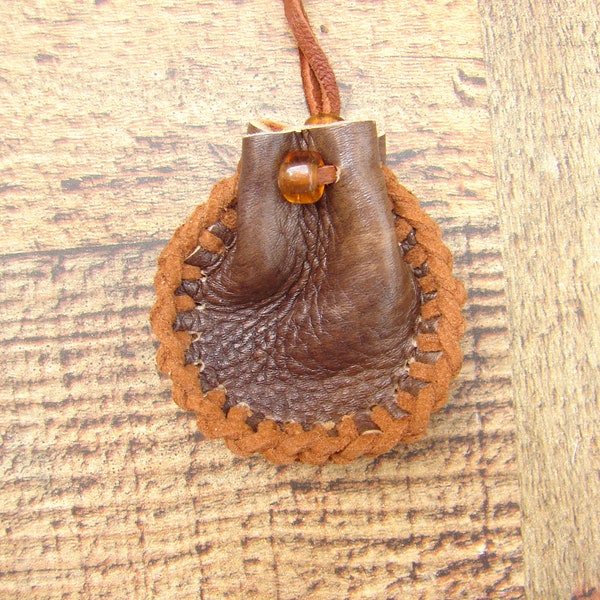 Native American Style Deerskin Leather Medicine Bag, Talisman Necklace Pouch,  Tribal Medicine Pouch, 2 1/4" X 1.5"