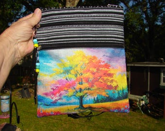 Tree of Life Crossbody Bag: Polyester Tweed, Adjustable Strap