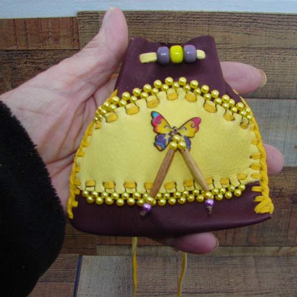 Beaded Deerskin Leather Medicine Pouch, Tribal Necklace Bag,  Regalia Drawstring Pouch, Butterfly Medicine Bag, 4.5" X 4"