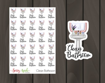 Clean Bathroom Stickers - Cleaning Stickers  - Typography Stickers - Script Stickers - Icon Stickers