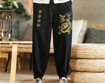 Mens Chinese Retro Dragon Embroidery Pants Casual Long Trousers Sweatpants Chic 