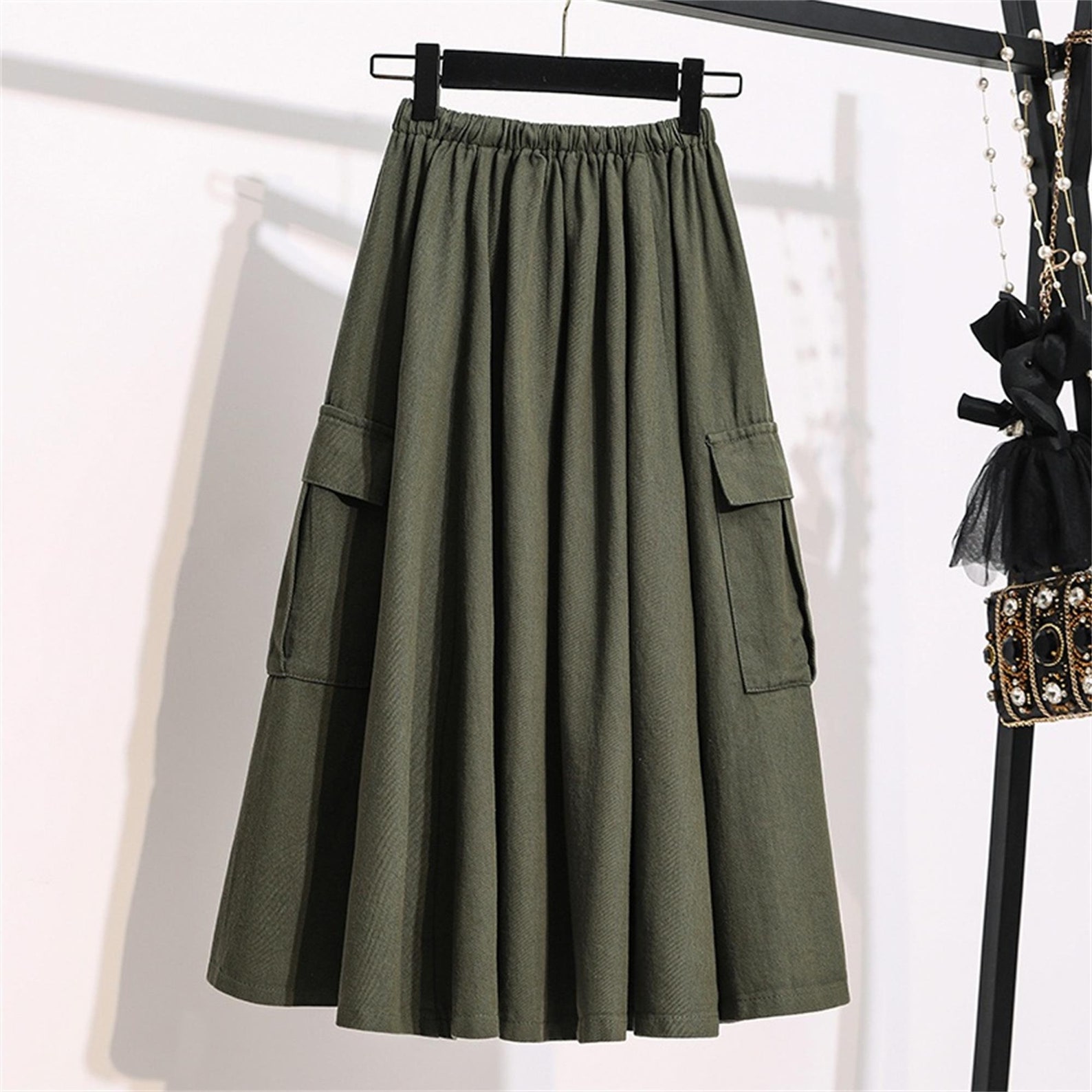 Women Pocket Cargo Skirt Pleated Frill Drawstring Big Swing Etsy