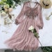 Handmade Women Lace Hollow Out Puff Sleeve Floral Dress Mesh Elegant Fairy Midi Gothic Vintage Bodycon Asian Size 