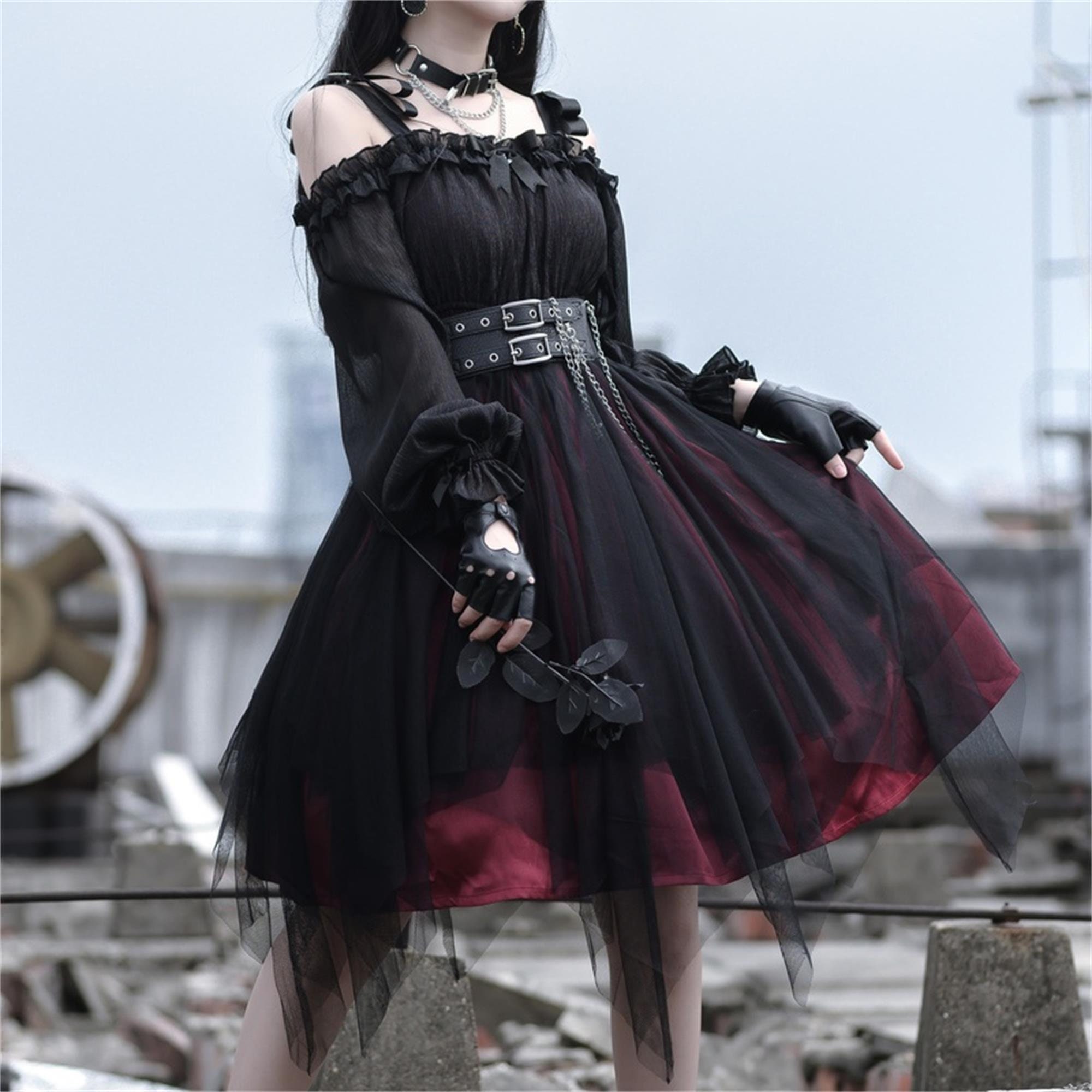 Women Lolita Gothic Dress Girl Ruffle Mesh Puff Sleeve - Etsy