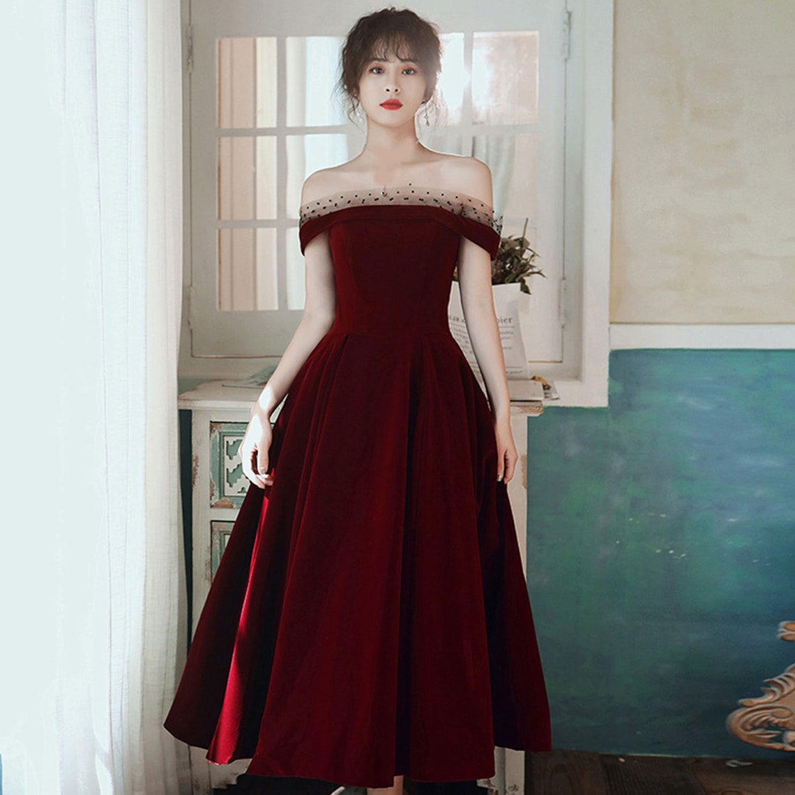 Asian Size XS-3XL Long Burgundy Dress Wedding Prom Party Gown image 1