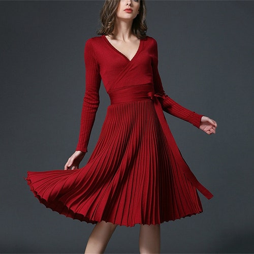 Women V-neck Sweater Dress Fit Slim 