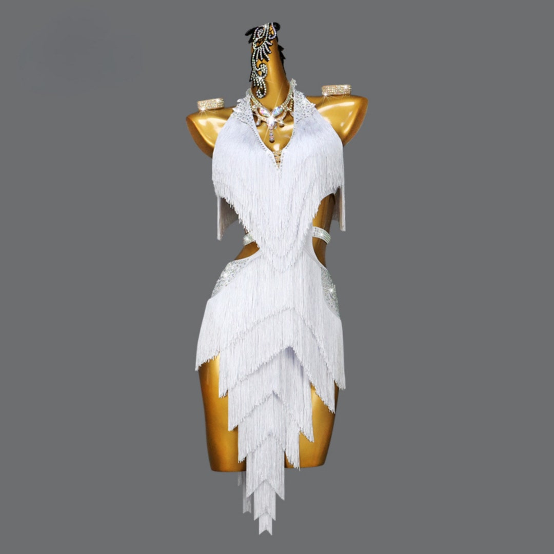 Customzied White Latin Dance Dress Tassel Deep Vneck Salsa Cha Cha