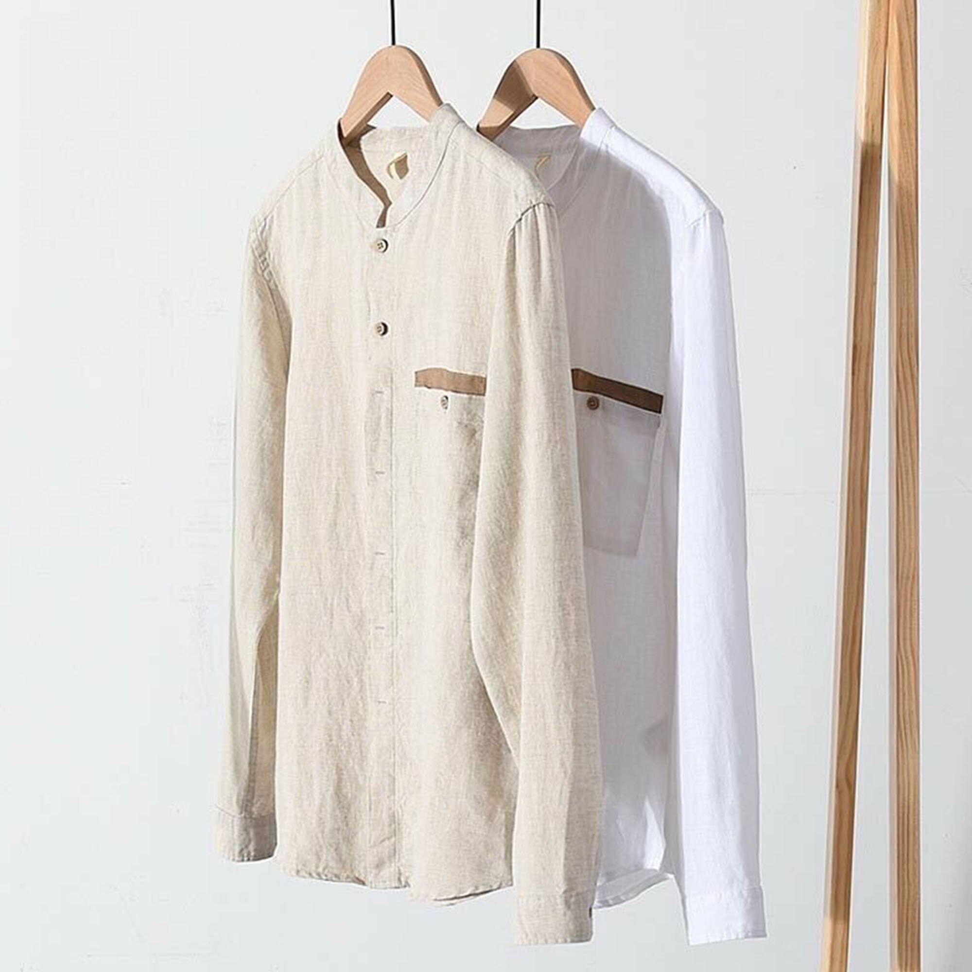 Men Linen Blend Mandarin Collar Basic 