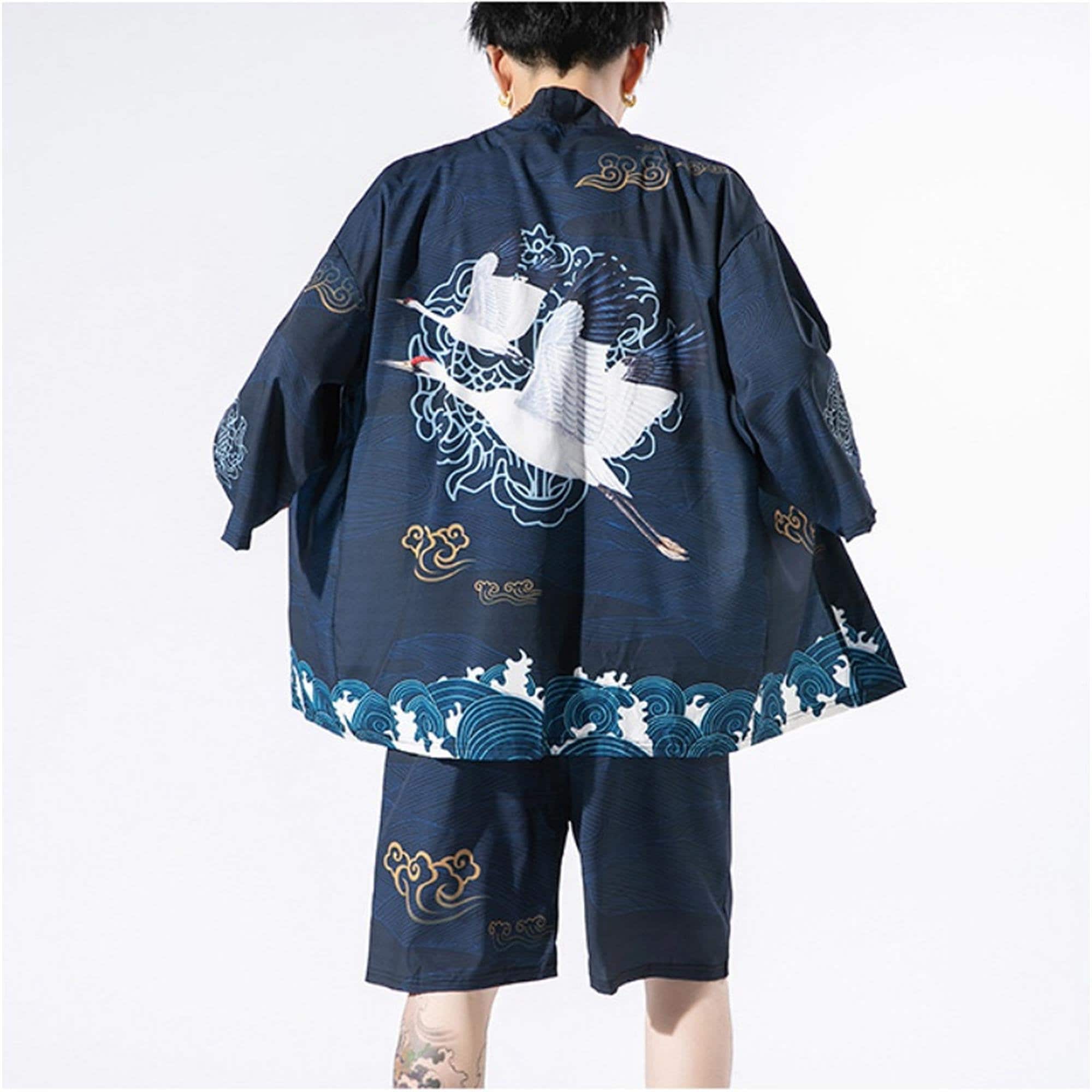 Men Japanese Kimono Crane Print Top and 