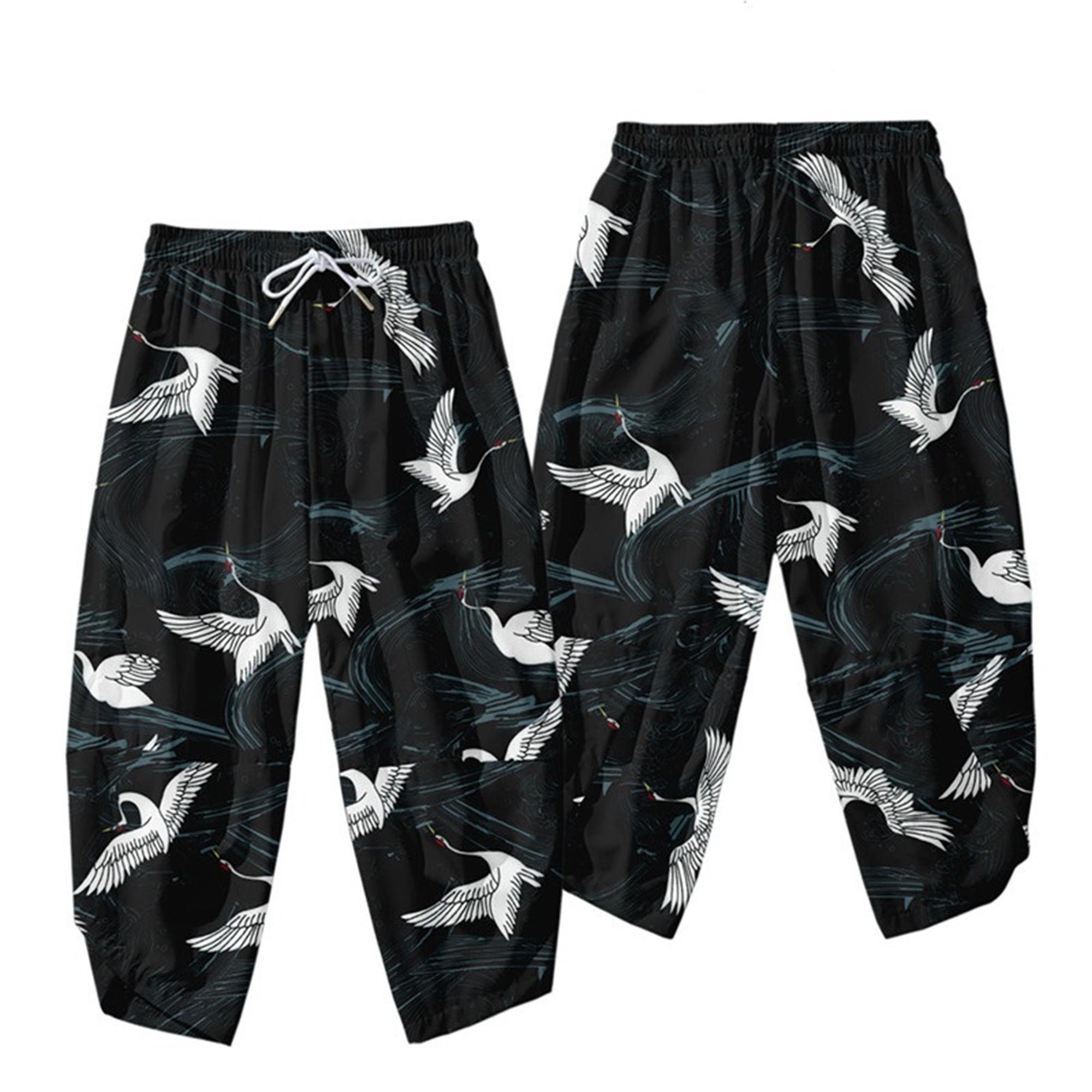 Men Crane Kimono Pants Elastic Waist Trousers Yukata Pants Etsy