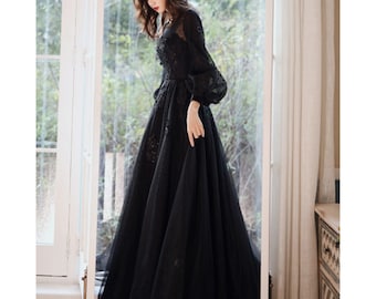 Women French Black Maxi Evening Dress Long Flared Sleeve Back Sheer Zip Tunic Birthday Party Banquet Prom Gown