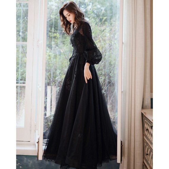 Women French Black Maxi Evening Dress 