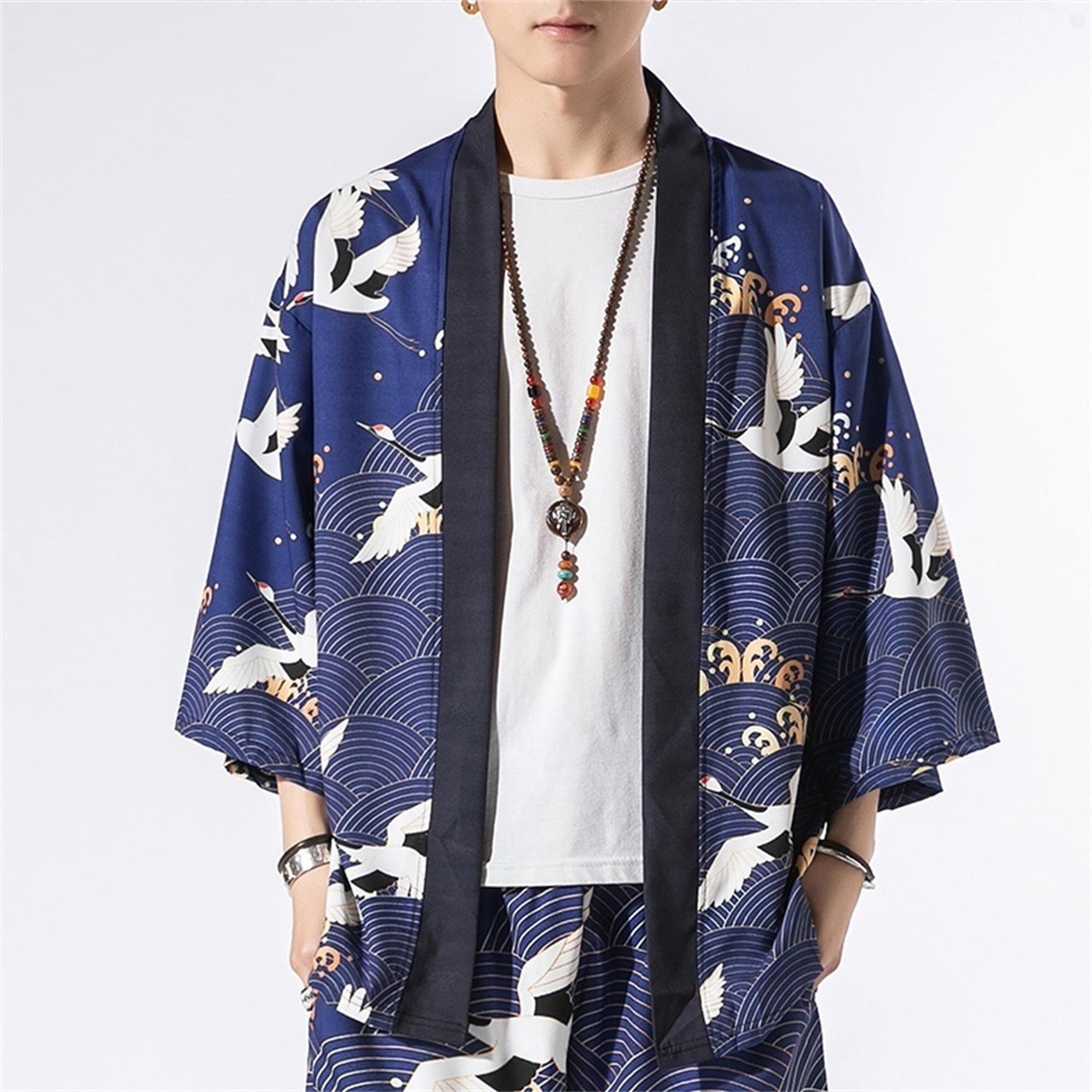 Men Japanese Kimono Crane Print Top and 