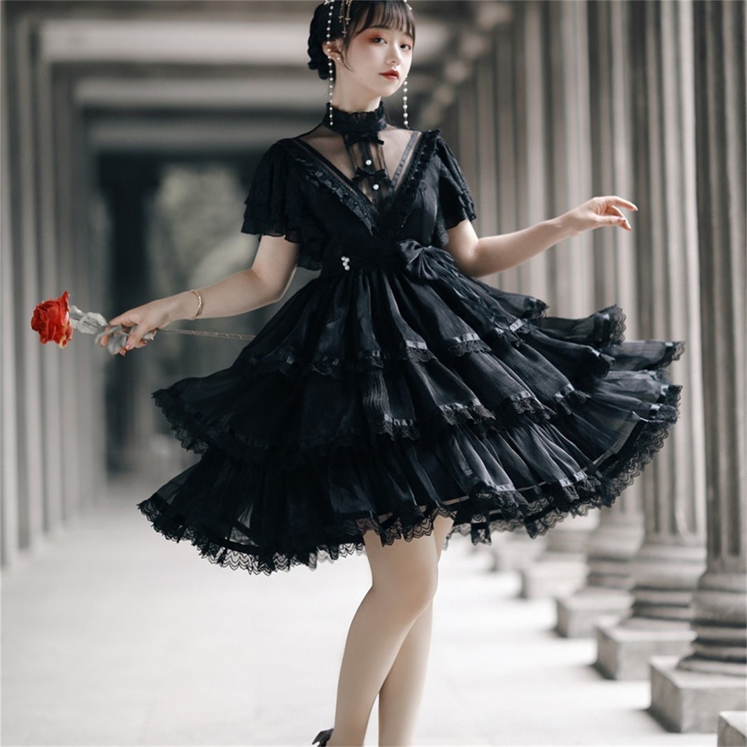 Handmade Lace Mesh Lolita Black Dress Short Sleeve Sheer V - Etsy