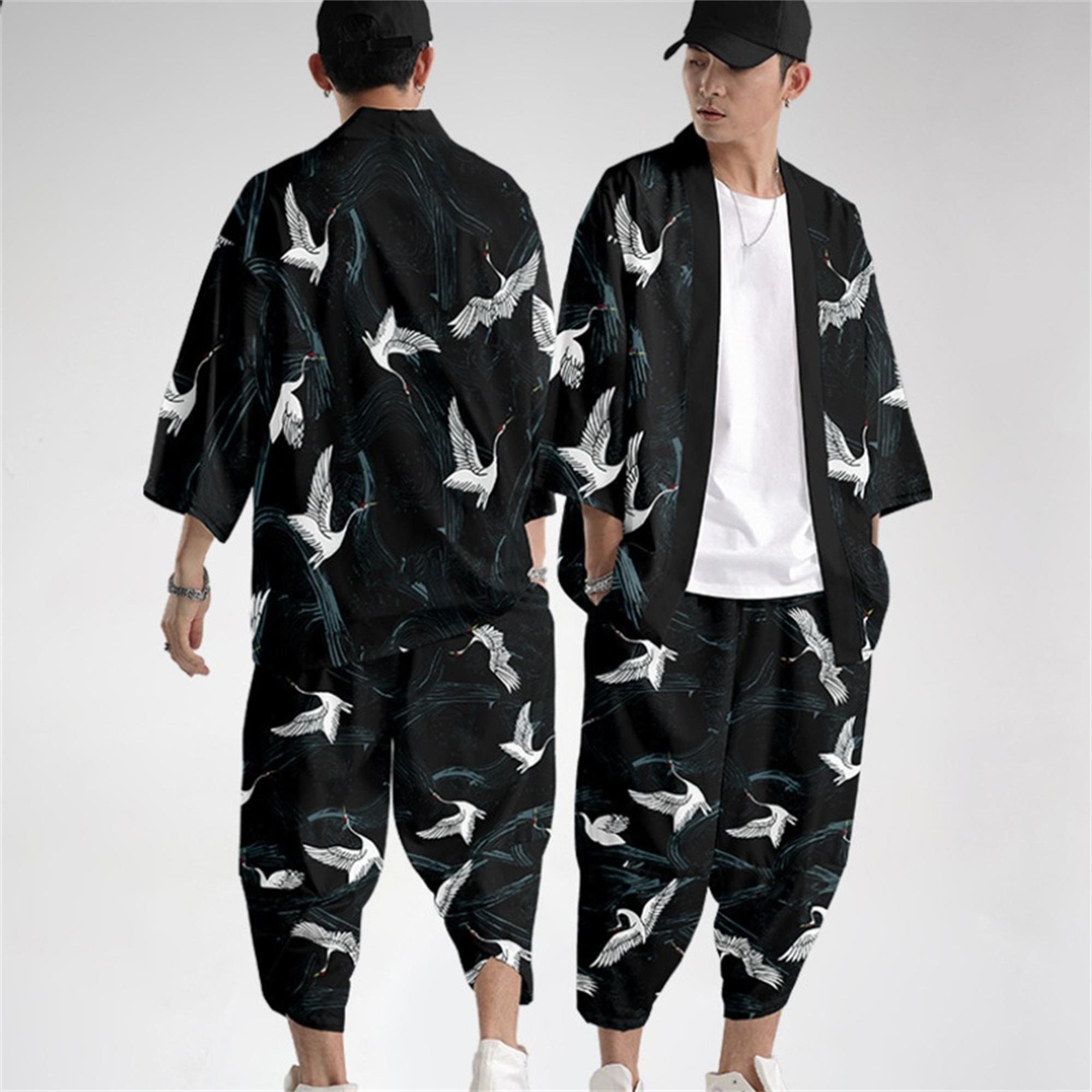 Men Crane Kimono Pants Elastic Waist 