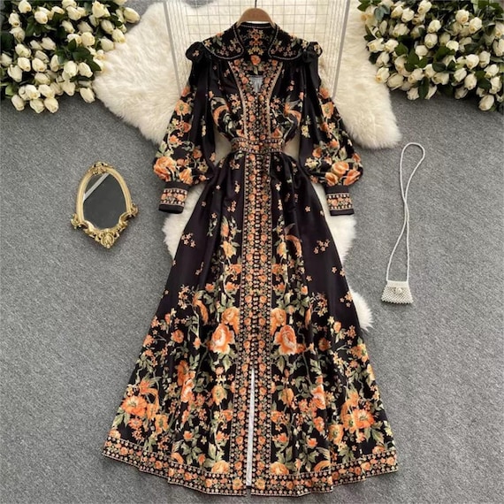 Black Floral Dress Lantern Sleeves 