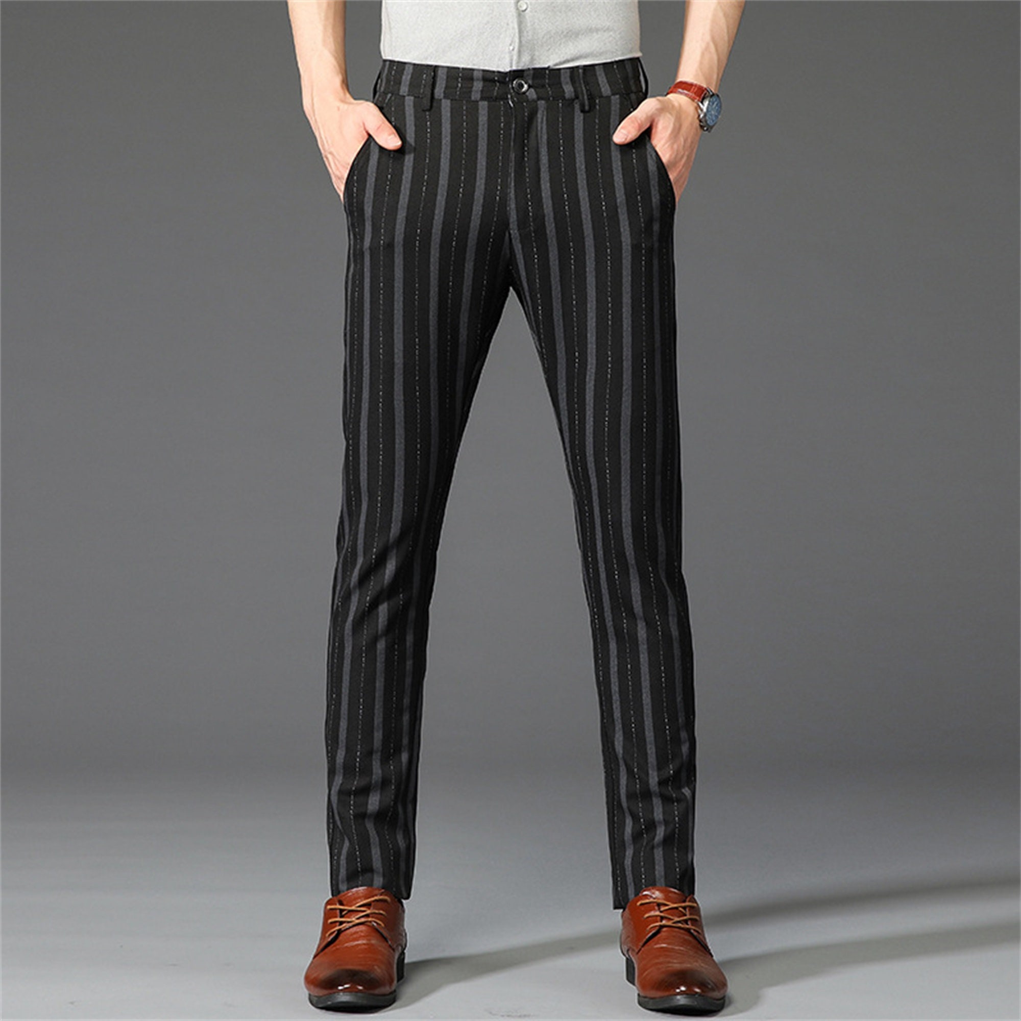 Buy RAYMOND Dark Blue Mens 4 Pocket Striped Formal Trousers | Shoppers Stop