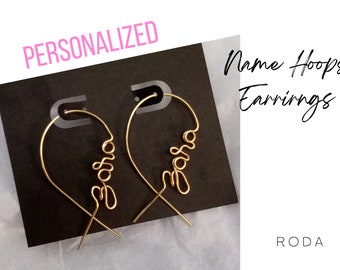 Gold Name Hoops Earrings, Custom Wire Name Fish Hoops Earring, Minimalist Dangle Wire Hoops, Personalized Bridesmaid favor, Fiance gift