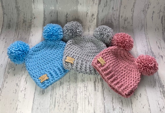 Baby Double Pom Pom Hat Bobble Hat Crochet Baby Hat Etsy Ireland
