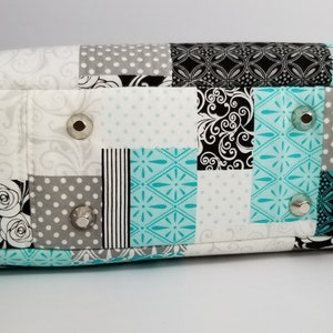 Beautiful Teal/Black Patchwork pattern handbag, made with 100% cotton material, 1/4 inch foam interfacing, Lightweight. adjustable handles, image 3