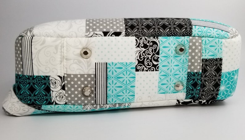 Beautiful Teal/Black Patchwork pattern handbag, made with 100% cotton material, 1/4 inch foam interfacing, Lightweight. adjustable handles, image 3