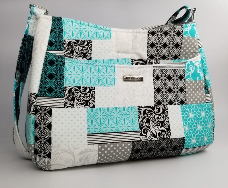 Beautiful Teal/black Patchwork Pattern Handbag, Made With 100 Cotton Material, 1/4 Inch Foam