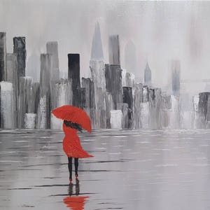 London Monochrome Cityscape with Red Lady In Oils Colour Wall Art London Wall Decor Cityscape Contemporary Art Printable Art For Room