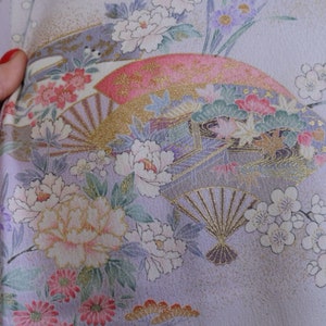 Pastel Kimono - Flower & Folding Fan Motif - Vintage Kimono - Authentic Japanese Wear