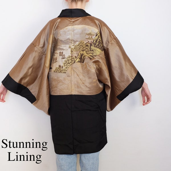 Montsuki - Herren Haori - Schwarzer Haori - Wunderschönes Futter - Vintage - Kimono Cardigan - Unisex Kimono - Authentische japanische Kleidung