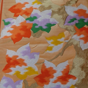 Ahornblätter Motiv - Goldene Basis - Japanischer Momiji - Fukuro Obi - Seiden Obi Schärpe - Vintage - Kimono Accessoires