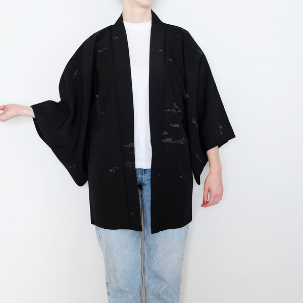 Black Haori - Silver Thread - Japanese Kimono Cardigan - Vintage Wear - Haori - Women - Primary Fiber Silk