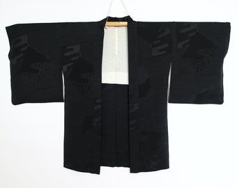 Textured Haori - Black Haori - Traditional Japanese Motifs - Haori Cardigan for Women - Primary Fiber Silk - Vintage Haori