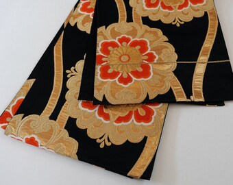 Floral Obi Sash - Black & Gold Obi - Kimono Accessories - Fukuro Obi - Vintage Obi - Japanese Kimono Sash - Boho
