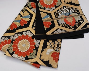 Floral Obi Sash - Black Fukuro Obi - Fukuro Obi - Japanese Obi Sash - Vintage - Silk Obi - Kimono - Obi Belt