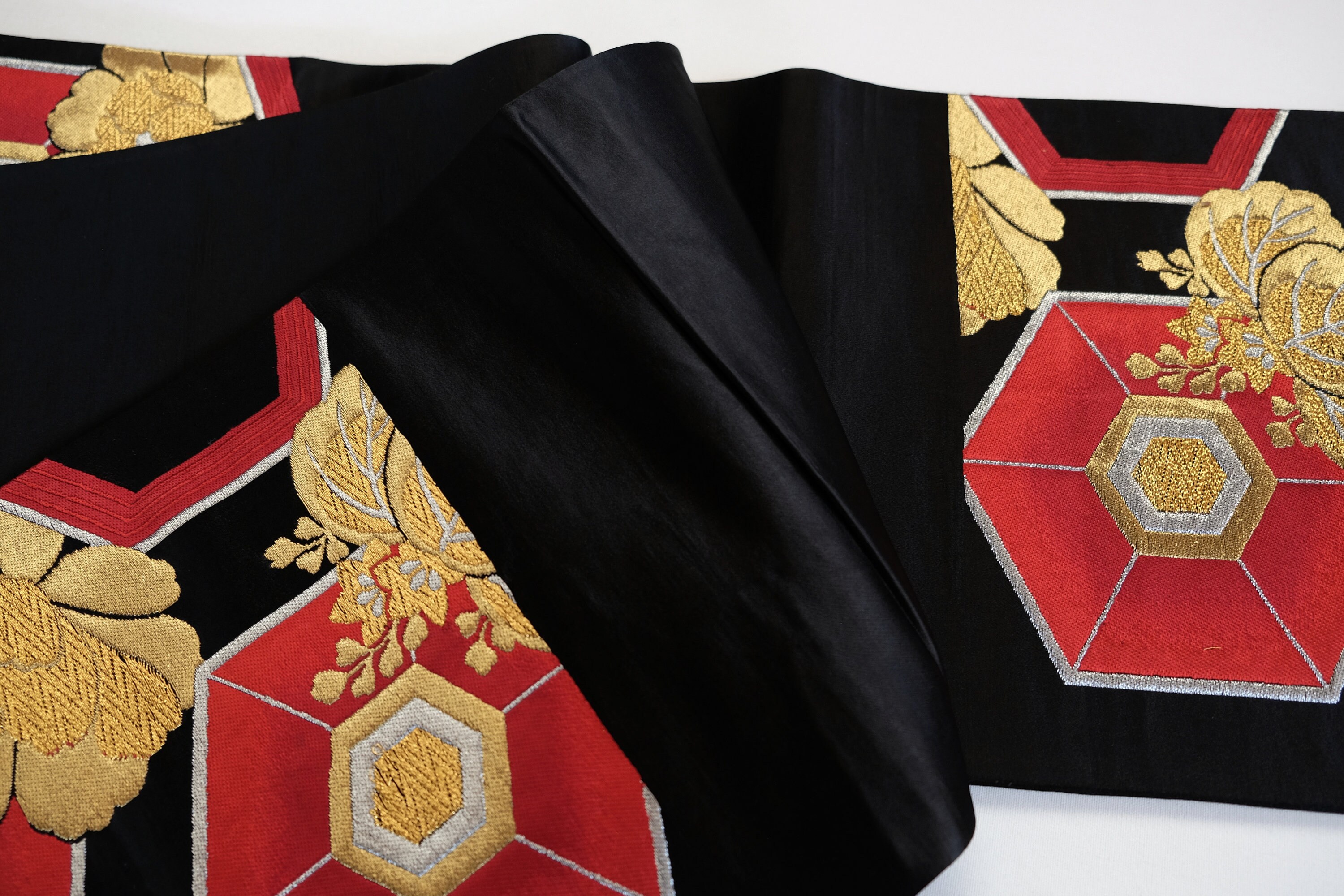 Red & Gold Obi Sash - Floral Obi - Fukuro Obi - Japanese Obi Sash